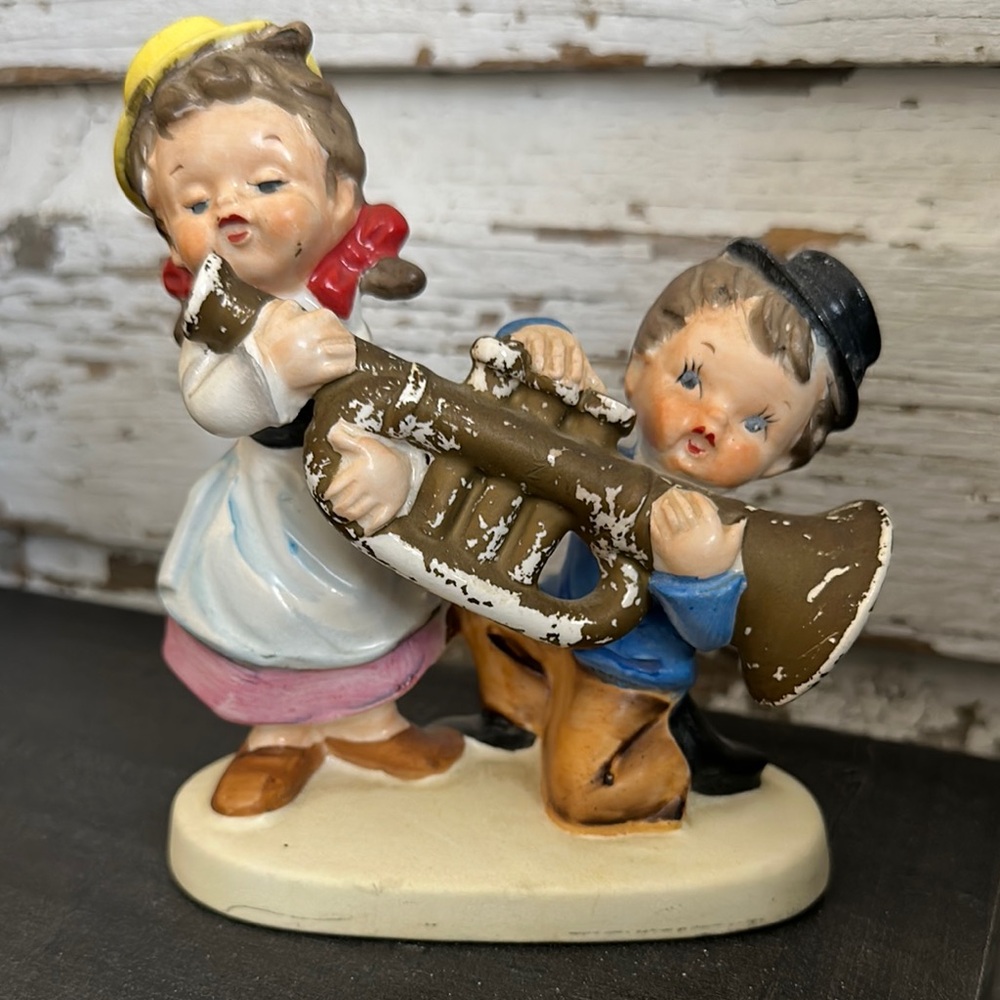 Vintage Girl & Boy Holding Trumpet Figurine